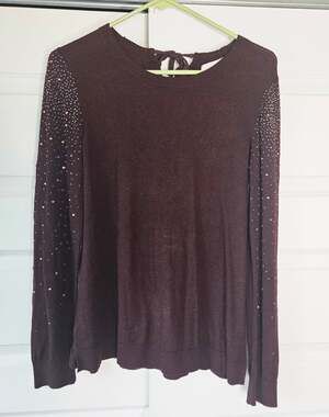 LOFT Rhinestone Embellished Sweater Burgundy Wool Blend Tie Back Womens L Flawed